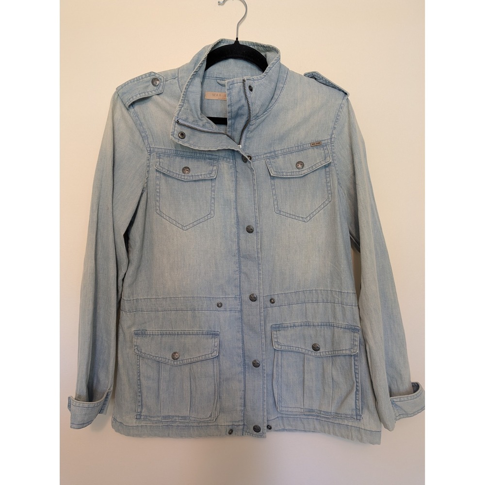 Max Jeans Women Blue Cotton Linen Utility Jacket Light Wash Small
